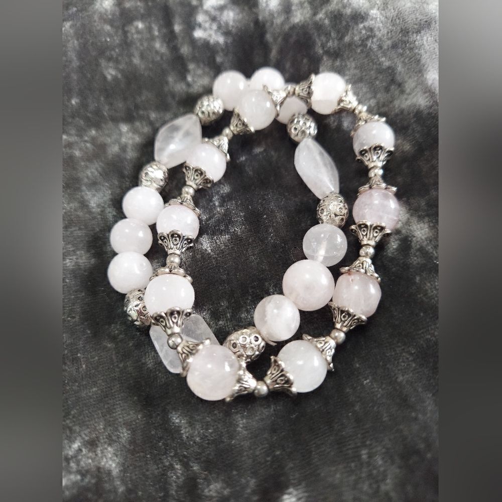Rose Quartz and Silver Stretch Bracelets Set if 2 Handmade